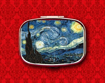 Starry Night Art Painting Stars Moon Vincent Van Gogh Ring Trinket Stash Medicine Vitamins Gum Tic Tacs Mint Metal Pill Box Case Holder