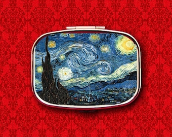 Sterrennacht Kunst Schilderij Sterren Maan Vincent Van Gogh Ring Trinket Stash Geneeskunde Vitaminen Gum Tic Tacs Mint Metal Pill Box Case Holder