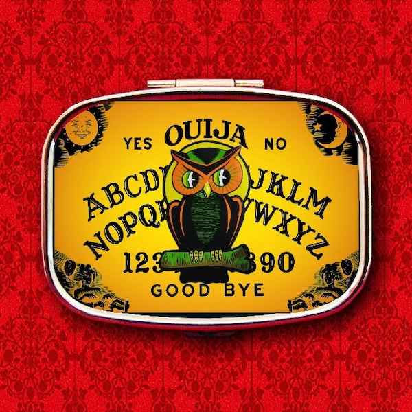 Ouija Board Game Owl Halloween Ring Trinket Stash Medicine Vitamins Gum Tic Tacs Mint Metal Pill Box Case Holder