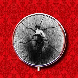Spider Web Lady Illustration Pin Up Girl Ring Trinket Stash Medicine Vitamins Gum Tic Tacs Round Mint Metal Pill Box Case Holder