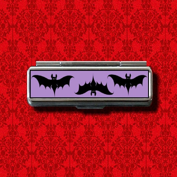 Bat Print Bats Flying Halloween Vampire Dracula Purple Trinket Stash Metal Lip Balm Lip Gloss Gum Cotton Swab Makeup Lipstick Case Holder