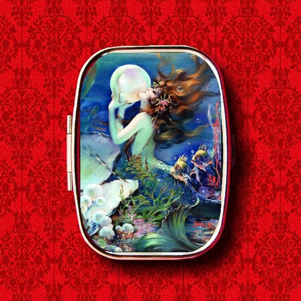 Mermaid Pearl Ocean Pin Up Clam Shells Fish Vintage Ring Trinket Stash Medicine Vitamins Gum Tic Tacs Mint Metal Pill Box Case Holder