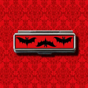 Bat Print Bats Flying Halloween Vampire Dracula Red Trinket Stash Metal Lip Balm Lip Gloss Gum Cotton Swab Makeup Lipstick Case Holder