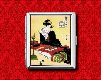 Japanese Geisha Art Japan Pin Up Girl Woodblock Vintage Metal Wallet Stash Business Credit Card Cigarette ID IPod Holder Box Case