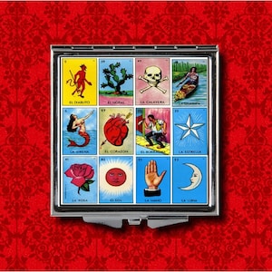 Loteria Tarot Card Fortune Telling Game Estilo Vintage Metal Maquillaje Bolsillo de Mano Espejo Compacto
