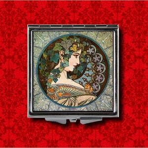Art Nouveau Goddess Ivy Lady Alfonse Mucha Vintage Style Metal Makeup Hand Pocket Compact Mirror