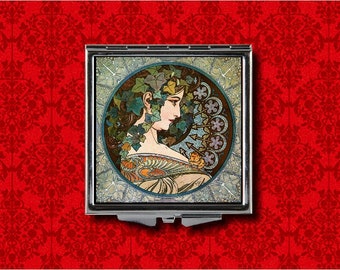 Art Nouveau Goddess Ivy Lady Alfonse Mucha Vintage Style Metal Makeup Hand Pocket Compact Mirror