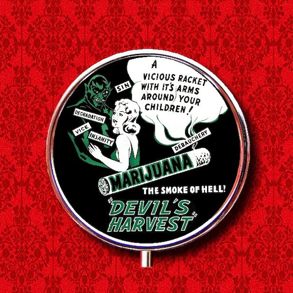Devil's Harvest Marijuana Vintage Movie Poster Ad Ring Trinket Stash Medicine Vitamins Gum Tic Tacs Round Mint Metal Pill Box Case Holder