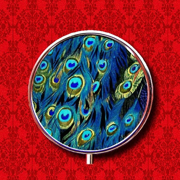 Peacock Feathers Blue Bird Ring Trinket Stash Medicine Vitamins Gum Tic Tacs Round Mint Metal Pill Box Case Holder