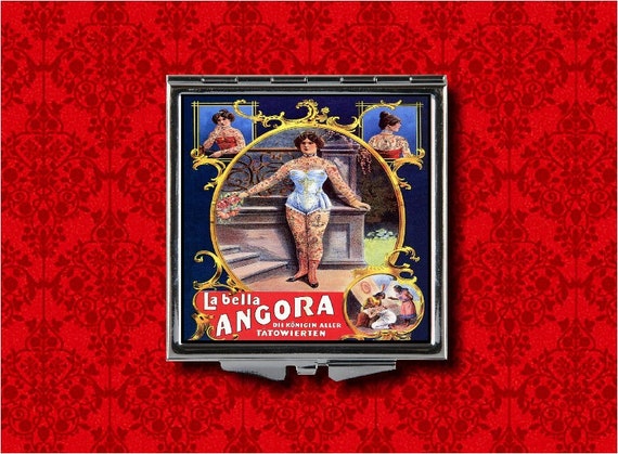 Tattooed Girl Lady Freak Side Show Carnival Circus Vintage Style Metal Makeup Hand Pocket Compact Mirror