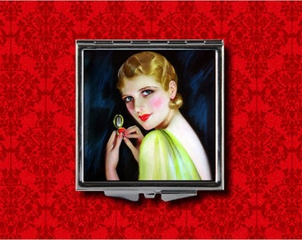 Flapper Art Deco Pin Up Girl 1920's Makeup Vintage Metal Makeup Hand Pocket Compact Mirror