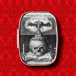 Memento Mori Death Skeleton Skull Goth Ring Trinket Stash Medicine Vitamins Gum Tic Tacs Mint Metal Pill Box Case Holder