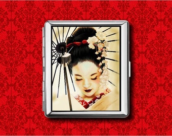Japanese Geisha Art Japan Pin Up Girl Vintage Metal Wallet Stash Business Credit Card Cigarette ID IPod Holder Box Case