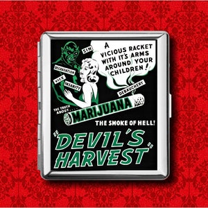 Cartaz de filme vintage de maconha Devil's Harvest, anúncio, carteira de metal, cartão de crédito comercial, porta-cigarro, ID, iPod, caixa, estojo