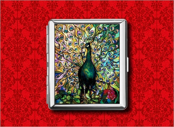 ipod cigarette case Peacock Tiffany Style Stained Glass Art Image Bird Feathers Metal Wallet  Stash Business Credit Card Cigarette ID Ipod Holder Box Case