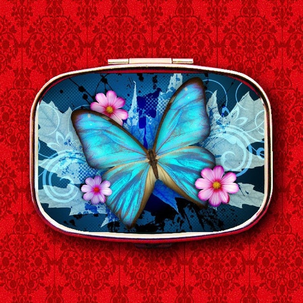 Blue Butterfly Pink Flowers Butterflies Ring Trinket Stash Medicine Vitamins Gum Tic Tacs Mint Metal Pill Box Case Holder