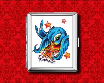 Star Swallow Old School Tattoo Vintage Style Bird Stars Metalen Portemonnee Stash Business Credit Card Sigaret ID iPod Houder Box Case