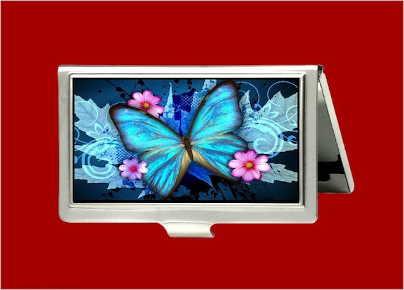 Butterfly On Blue Flower Metal Business Credit Card Case Holder