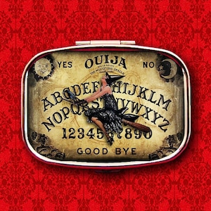 Ouija Board Game Witch Pin Up Girl Seance Wicca Ring Trinket Stash Medicine Vitamins Gum Tic Tacs Mint Metal Pill Box Case Holder