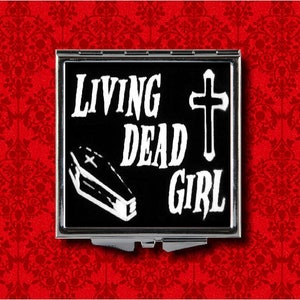 Living Dead Girl Coffin Cross Horror Goth Vampire Vintage Style Metal Makeup Hand Pocket Compact Mirror