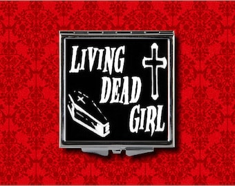 Living Dead Girl Coffin Cross Horror Goth Vampire Vintage Style Metal Makeup Hand Pocket Compact Mirror