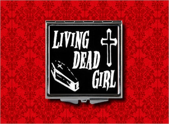 Living Dead Girl Coffin Cross Horror Goth Vampire Vintage Style Metal Makeup Hand Pocket Compact Mirror