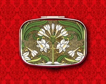 Art Nouveau Jonquil bloem Floral Vintage Ring Trinket Stash Geneeskunde Vitaminen Gum Tic Tacs Mint Metal Pill Box Case Holder