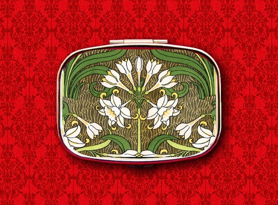 Art Nouveau Jonquil Flower Floral Vintage Ring Trinket Stash Medicine Vitamins Gum Tic Tacs Mint Metal Pill Box Case Holder