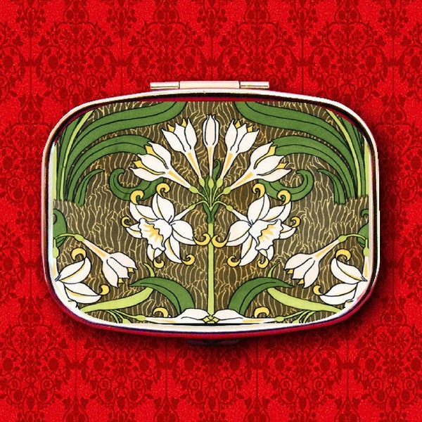 Art Nouveau Jonquil Flower Floral Vintage Ring Trinket Stash Medicine Vitamins Gum Tic Tacs Mint Metal Pill Box Case Holder