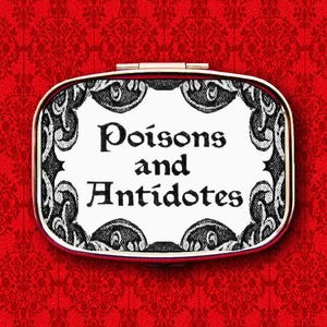Poisons and Antidotes Vintage Label Ring Trinket Stash Medicine Vitamins Gum Tic Tacs Mint Metal Pill Box Case Holder