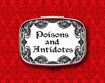 Poisons and Antidotes Vintage Label Ring Trinket Stash Medicine Vitamins Gum Tic Tacs Mint Metal Pill Box Case Holder
