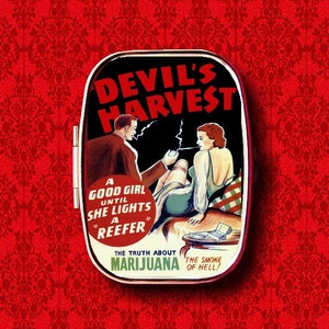 Devil&#39;s Harvest Marijuana Vintage Movie Poster Advertisement Trinket Stash Medicine Vitamins Gum Tic Tacs Mint Metal Pill Box Case Holder