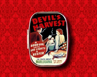 Devil's Harvest Marijuana Vintage Movie Poster Advertisement Trinket Stash Medicine Vitamins Gum Tic Tacs Mint Metal Pill Box Case Holder