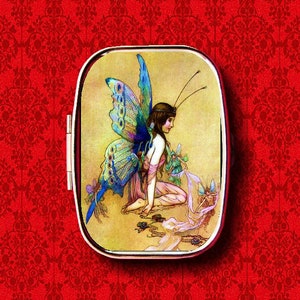 Butterfly Fairy Queen Sewing Elves Vintage Ring Trinket Stash Medicine Vitamins Gum Tic Tacs Mint Metal Pill Box Case Holder