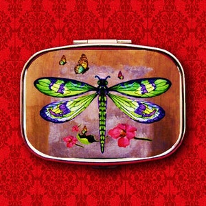Dragonfly Butterfly Flowers Insect Art Butterflies Ring Trinket Stash Medicine Vitamins Gum Tic Tacs Mint Metal Pill Box Case Holder