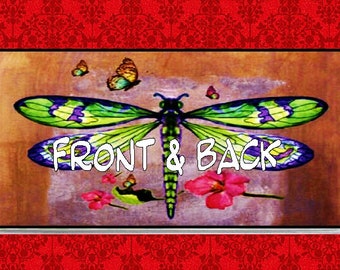Dragonfly Butterfly Flowers Insect Art Purple Pink Green Vinyl Checkbook Cover Holder