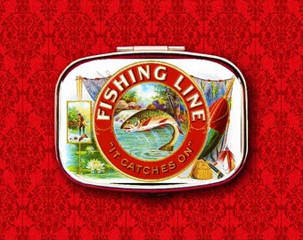 Fishing Line Trout Lures Fly Pole Vintage Advertisement Label Ring Trinket Stash Medicine Vitamins Gum Mint Metal Pill Box Case Holder