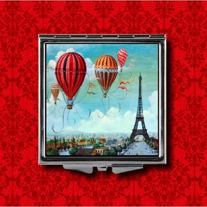 Hot Air Balloon Paris Eiffel Tower Postcard Steampunk Vintage Style Metal Makeup Hand Pocket Compact Mirror
