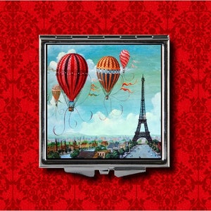 Globo aerostático París Torre Eiffel Postal Steampunk Estilo vintage Metal Maquillaje Bolsillo de mano Espejo compacto