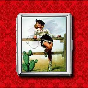 Cowgirl Pin Up Girl Country Metal Wallet Stash Business Credit Card Cigarette ID IPod Holder Box Case