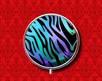Zebra Animal Print Blue Purple Ombre Ring Trinket Stash Medicine Vitamins Gum Tic Tacs Round Mint Metal Pill Box Case Holder