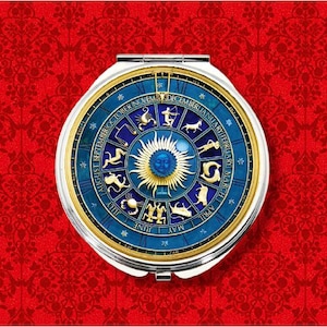 Reloj astronómico del zodiaco, Steampunk, astrología medieval, redondo, de metal, espejo compacto de bolsillo para maquillaje. imagen 1