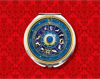 Zodiac Astro Clock Astronomical Steampunk Medieval Astrology Round Metal Makeup Hand Pocket Compact Mirror