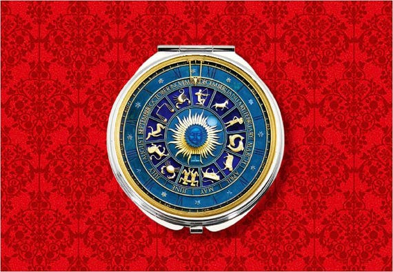 Zodiac Astro Clock Astronomical Steampunk Medieval Astrology Round Metal Makeup Hand Pocket Compact Mirror