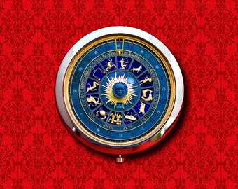 Zodiac Astro Clock Astronomical Steampunk Medieval Astrology Round Metal Makeup Hand Pocket Compact Mirror