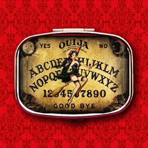 Ouija Board Game Witch Pin Up Girl Seance Wicca Ring Trinket Stash Medicine Vitamins Gum Tic Tacs Mint Metal Pill Box Case Holder