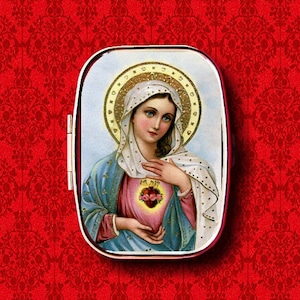 Jungfrau Maria Heilige Mutter Unbeflecktes Herz Rosenkranz Ring Schmuckstück Stash Medizin Vitamine Gum Tic Tacs Mint Metall Pillenbox Fall Halter