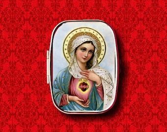 Virgin Mary Saint Mother Immaculate Heart Rosary Ring Trinket Stash Medicine Vitamins Gum Tic Tacs Mint Metal Pill Box Case Holder