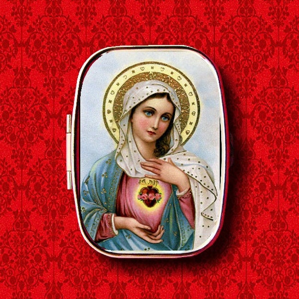 Virgin Mary Saint Mother Immaculate Heart Rosary Ring Trinket Stash Medicine Vitamins Gum Tic Tacs Mint Metal Pill Box Case Holder