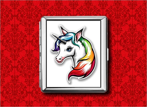 unicorn cigarette case Unicorn Rainbow Horn Horse Retro Metal Wallet Stash Business Credit Card  Cigarette ID Ipod Holder Box Case